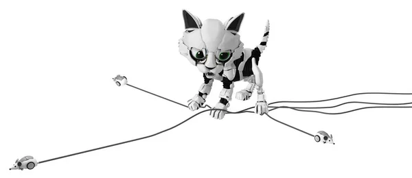 Роботизированный котенок, три мыши осторожны — стоковое фото