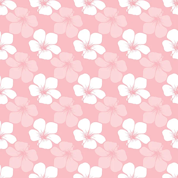 Modelo sin costuras de flores vinca blancas sobre fondo rosa. — Vector de stock