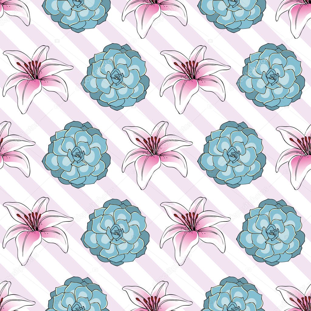 Seamless flower pattern of lily flowers and succulents on diagonal stripes