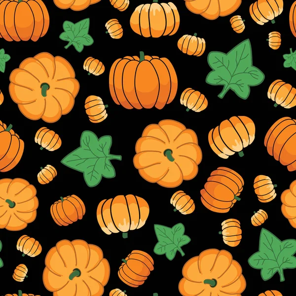 Calabazas sin costuras y hojas sobre fondo negro — Vector de stock