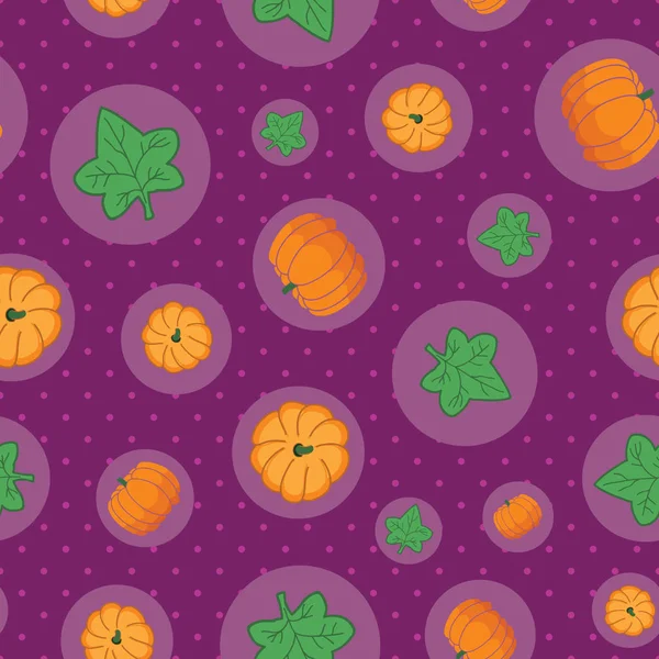 Seamless pattern with pumpkins and circles on polka dots — Stock Vector