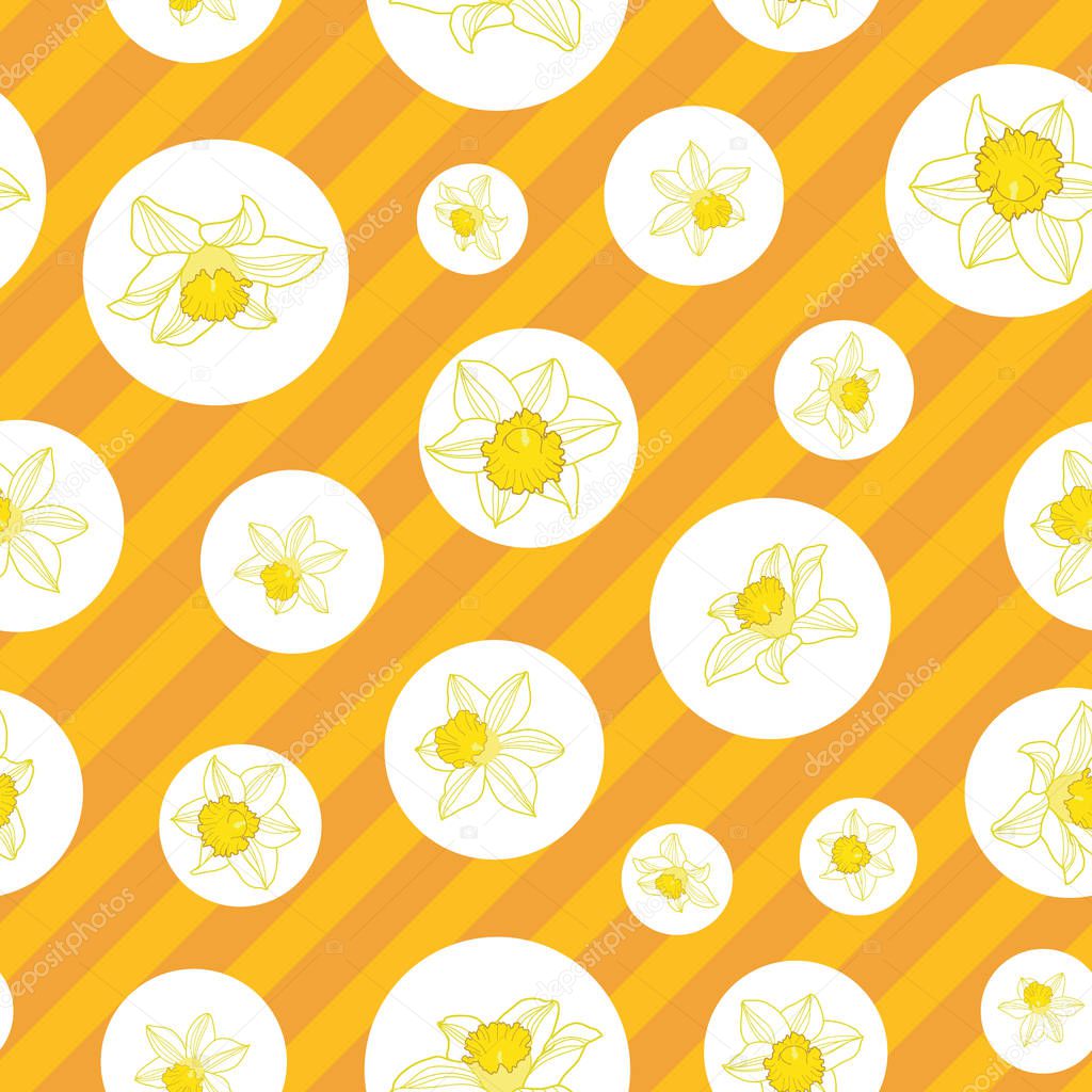 Seamless pattern of daffodil flowers and circles on orange diagonal stripes