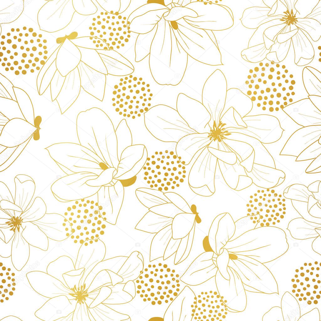 Seamless golden magnolia flowers pattern outline on white background