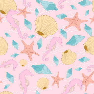 Pembe arka planda deniz yıldızı, deniz yıldızı ve deniz atı olan kusursuz deniz kabuğu deseni.