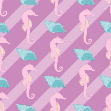 Mor çizgili deniz atı ve deniz kabuğu desenli kusursuz denizaltı deseni.