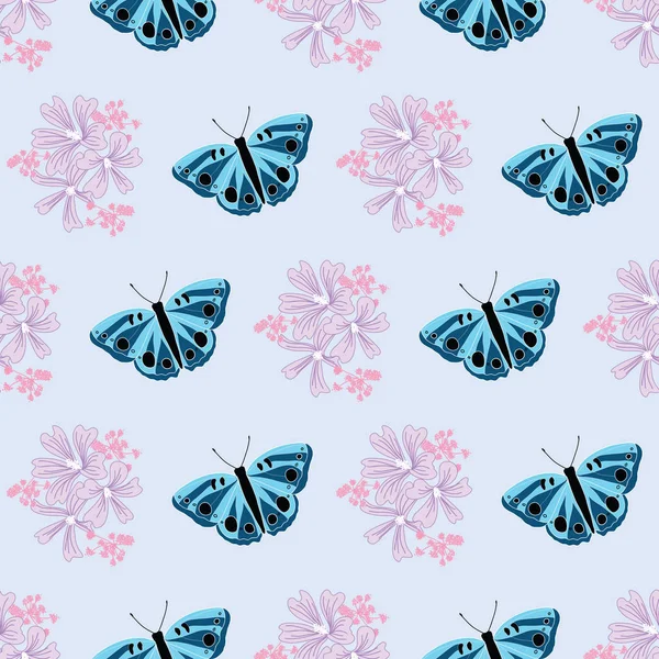 Безшовний візерунок синього метелика і фіолетових квітів — стоковий вектор