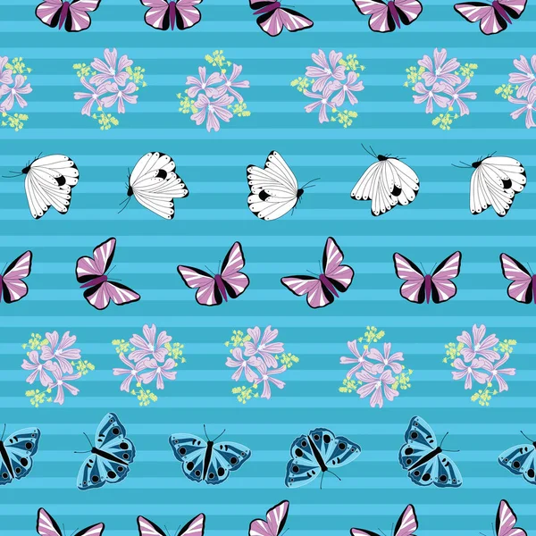 Bunte Schmetterlinge und Blumen mit nahtlosem Muster auf blauen Streifen — Stockvektor