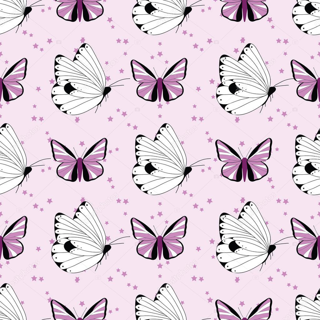 Seamless pattern with white and purple butterflies on pink background with stars