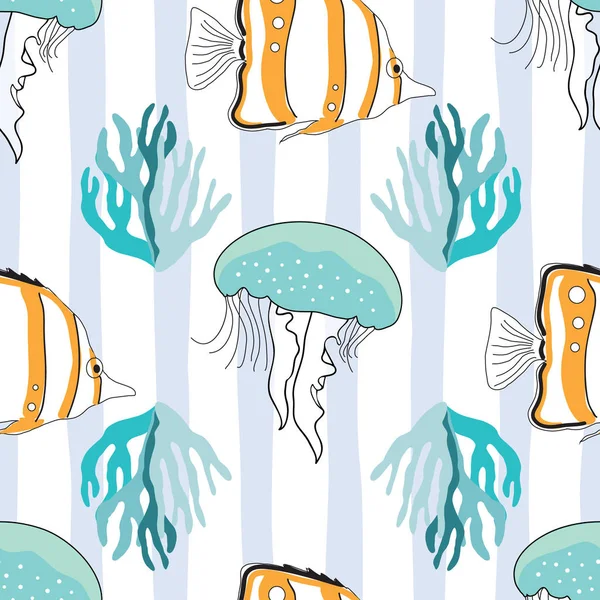 クラゲ サンゴ 魚のイラストとシームレスなパターン — ストックベクタ