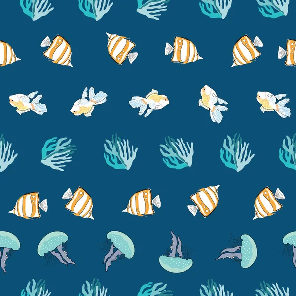 Sömlös Mönster Med Korall Maneter Och Fisk Illustration Blå Bakgrund — Stock vektor