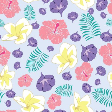 Plumeria, amber çiçeği, sabah zaferi ve palmiye yaprağı arkaplanlı kusursuz çiçek deseni.