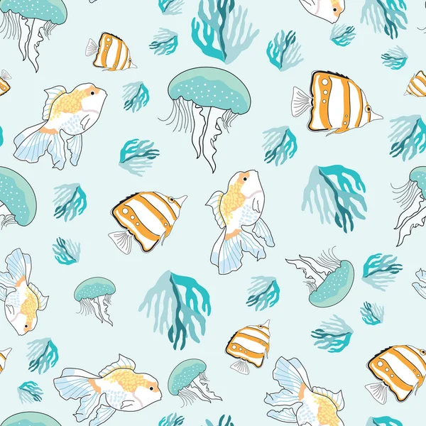 Denizanası mercanı ve balığın kusursuz arkaplan desenli çizimi