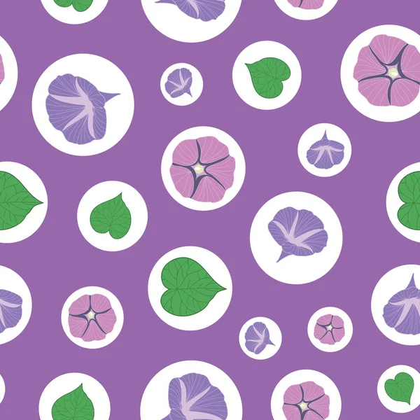 Seamless Morning Glory Pattern White Circles Purple Background Illustration — Stock Vector