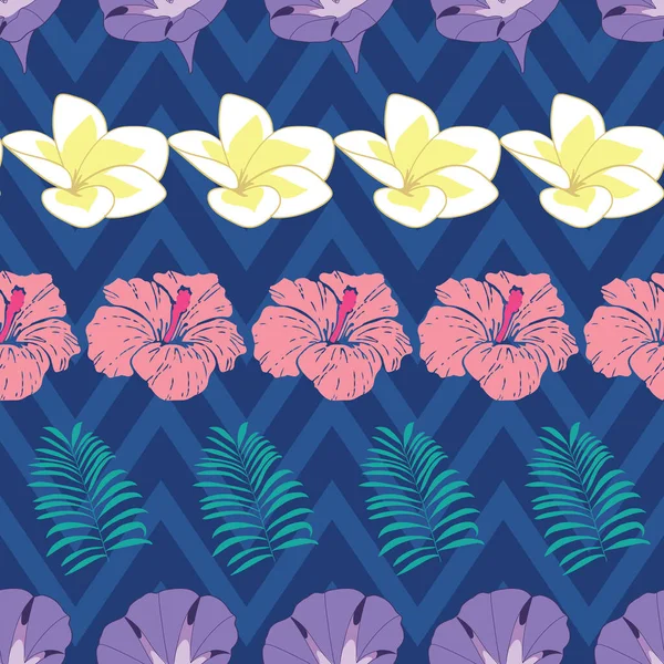 Flores Tropicales Hojas Patrón Sin Costura Sobre Fondo Chevron Azul — Vector de stock