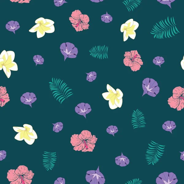 Tropické Květiny Bezešvé Vzor Tmavozeleném Pozadí Ilustrace — Stockový vektor