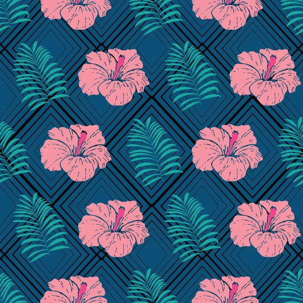 Hibiscus Palmera Patrón Sin Costuras Rombo Negro Fondo Verde Ilustración — Archivo Imágenes Vectoriales