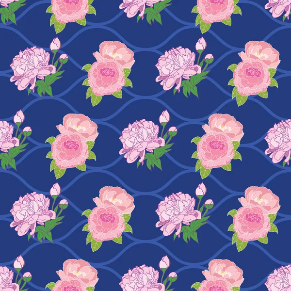 Seamless Pattern Roses Peonys Blue Spirals Background Illustration — Stock Vector