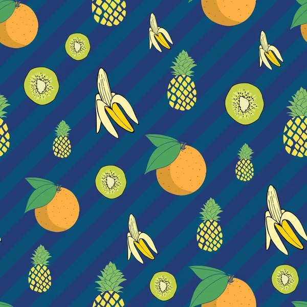 Modèle Fruits Sans Couture Sur Illustration Des Rayures Bleues — Image vectorielle