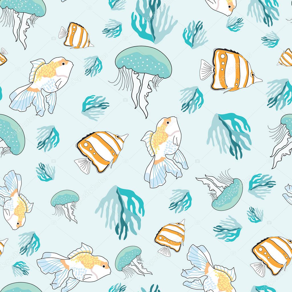 Jellyfish coral and fish Seamless background pattern illustration