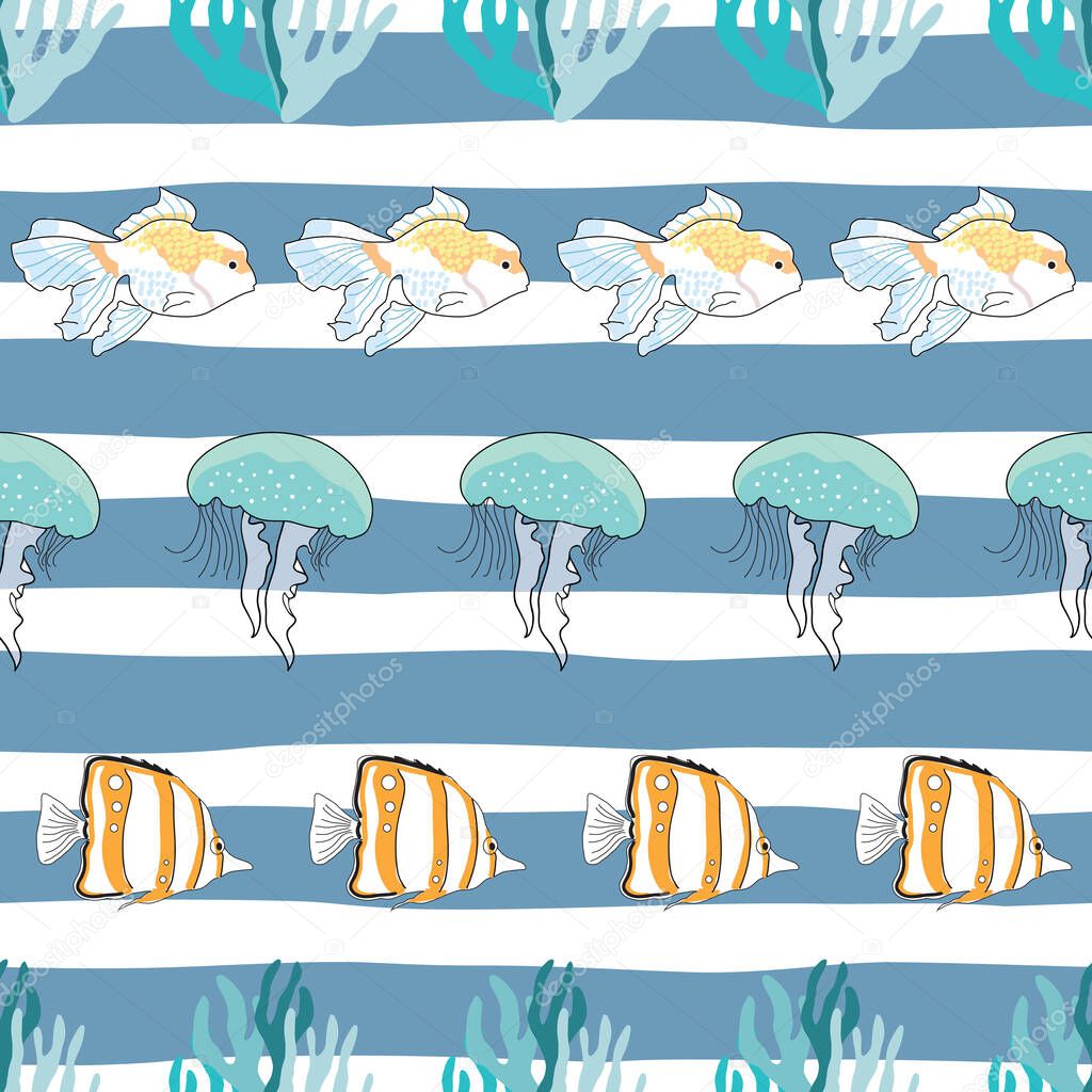 Seamless pattern undersea with corals, fish, and jellyfish
