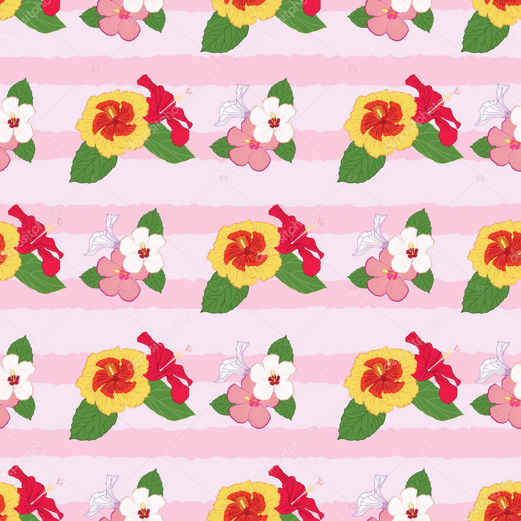 Colorful hibiscus flowers seamless pattern on pink striped background