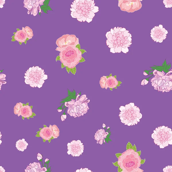 Modello Senza Cuciture Con Rose Peonie Sfondo Viola Illustrazione — Vettoriale Stock