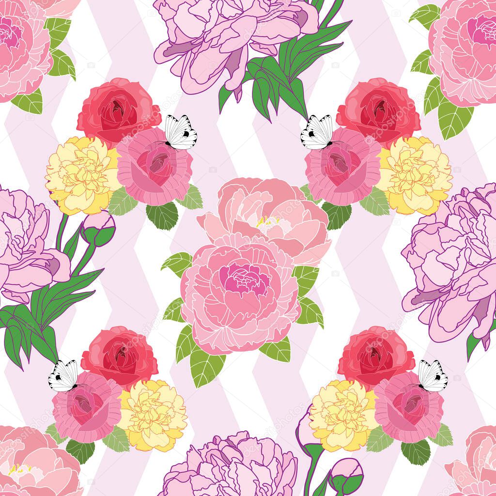 Seamless pattern with roses and peonys on pink chevron background illustration