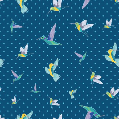 Mavi puantiyeli arkaplan resimlerinde sinekkuşları pürüzsüz desen