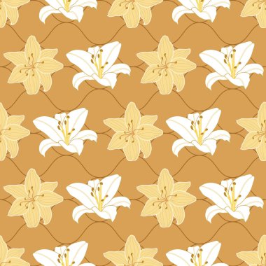 Beyaz ve sarı zambaklar, turuncu arka planda, dalgalı desenli, pürüzsüz desenler.