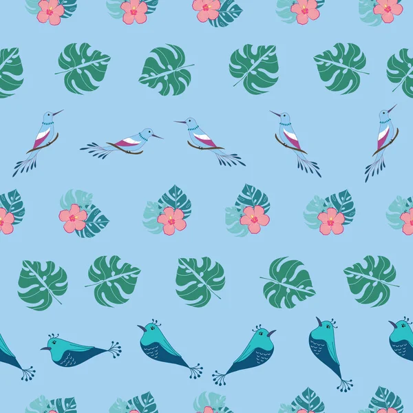 Seamless background design with tropical abstract birds and hibiscus flowers and leaves illustration