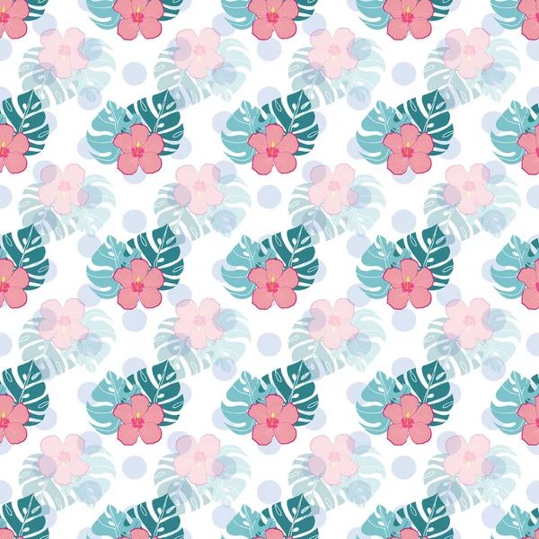 Roze Hibiscus Met Montera Bladeren Naadloze Patroon Ontwerp Illustratie — Stockvector