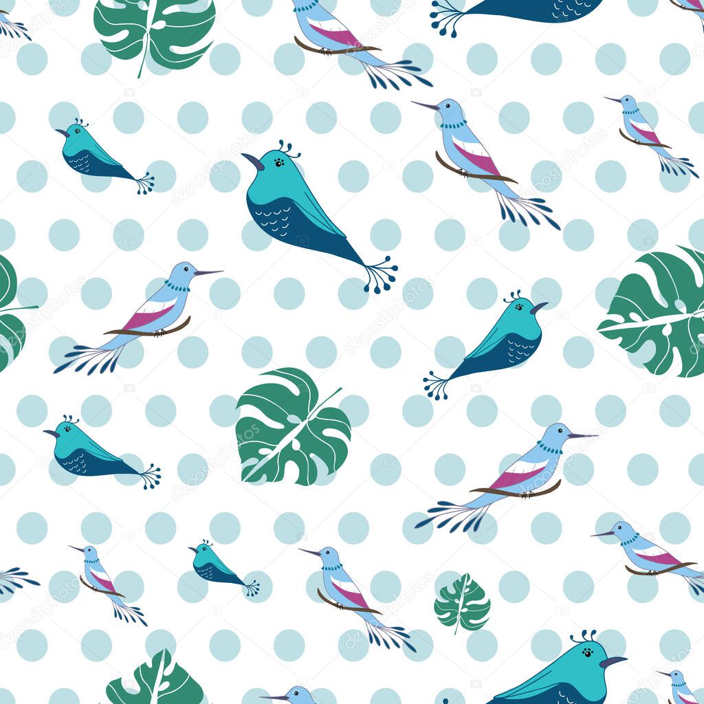 Seamless tropical pattern with abstract colorful birds and leaves illustration