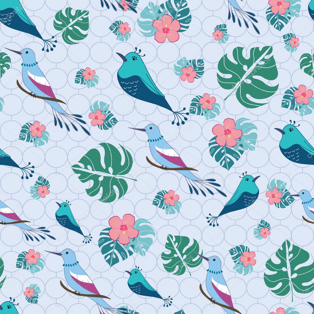 Seamless pattern tropical birds and flowers on pastel purple background illustration
