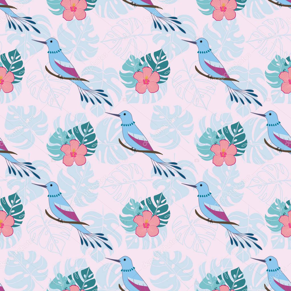 Seamless pattern tropical birds and flowers on pastel pink background with leaves illustration