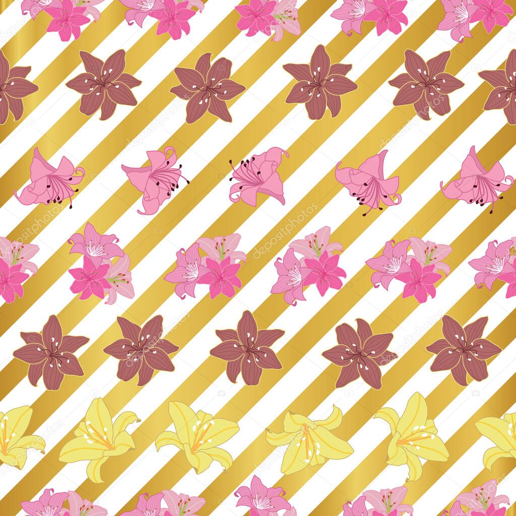 Colorful lilies seamless pattern on golden diagonal stripes design