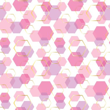 Beyaz arkaplanda pembe ve altın çokgen şekilli kusursuz desen