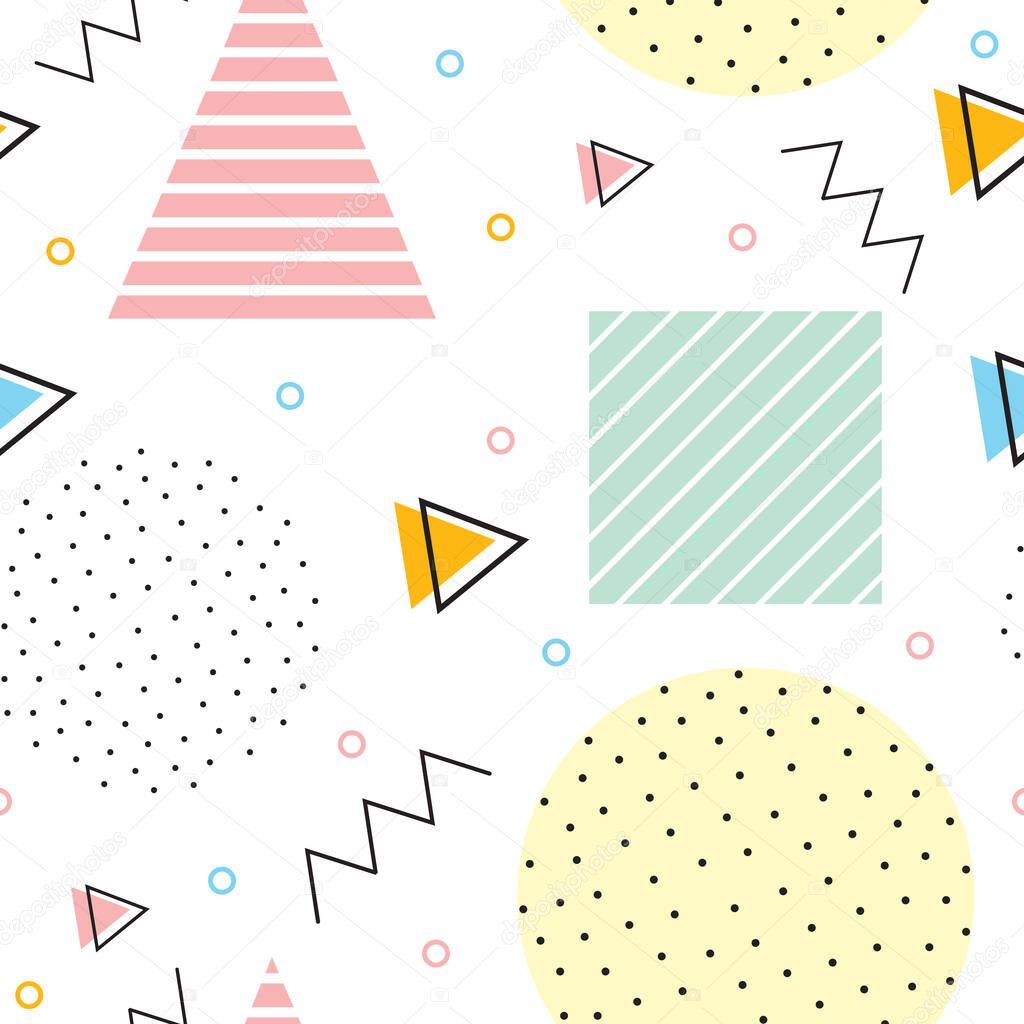 abstract seamless pattern with geometric shapes, Memphis style. 