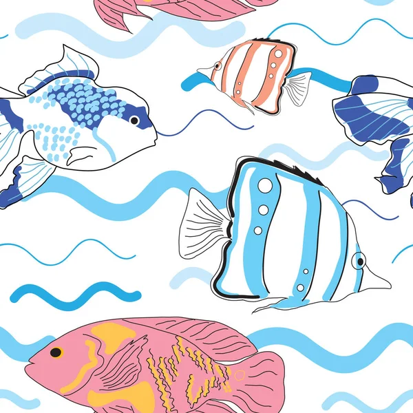 カラフルな魚や波のイラストとシームレスなパターン — ストックベクタ