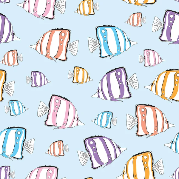 青い背景の上のシームレスなパターンカラフルな魚のイラスト — ストックベクタ