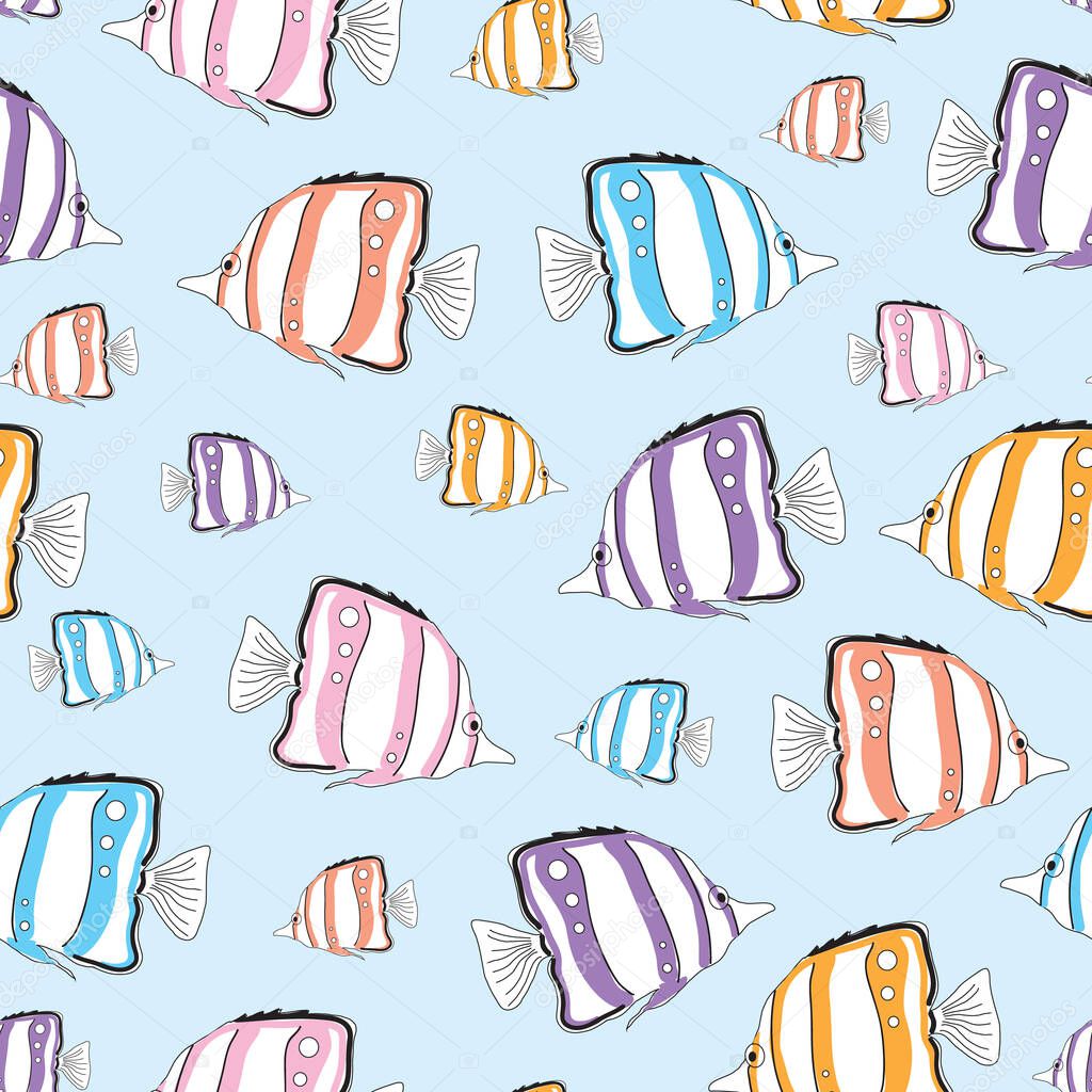 Seamless pattern colorful fish illustration on blue background