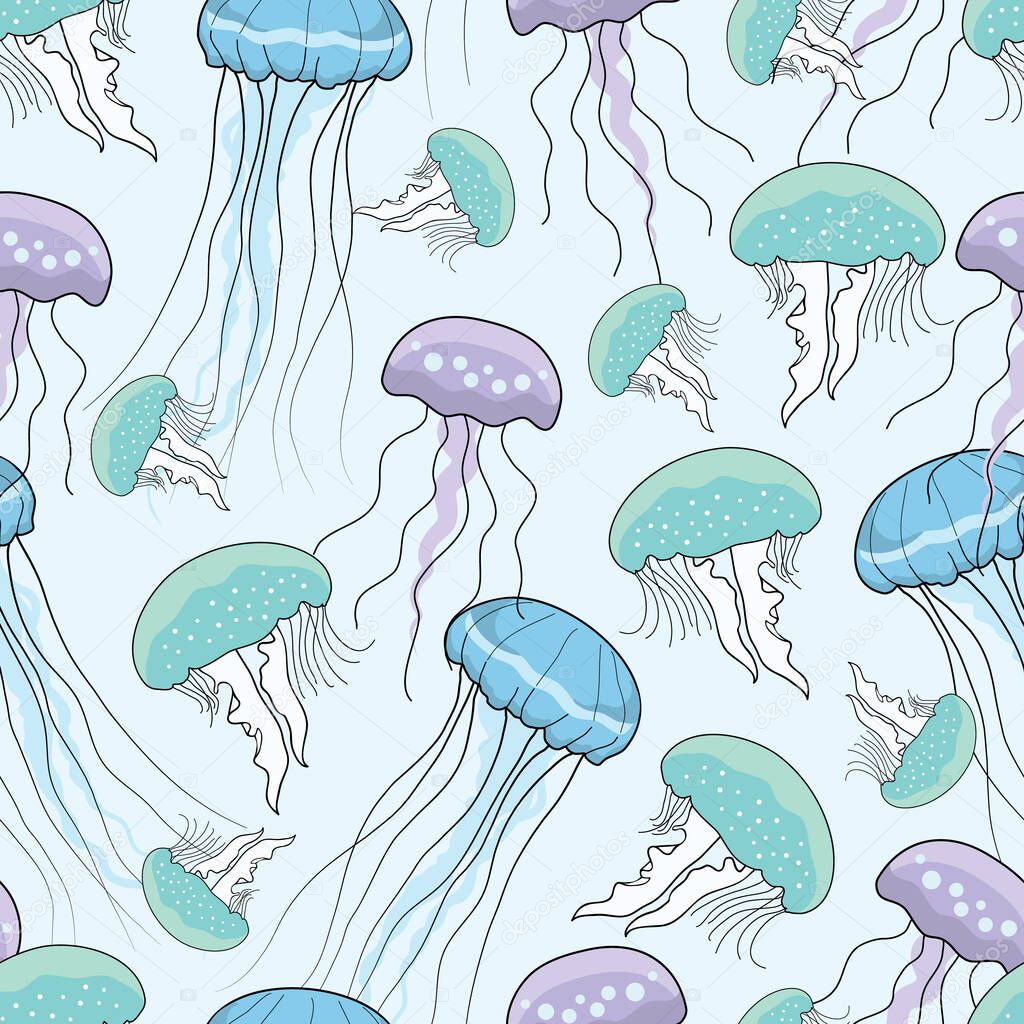 Colorful jellyfish seamless pattern, underwater background
