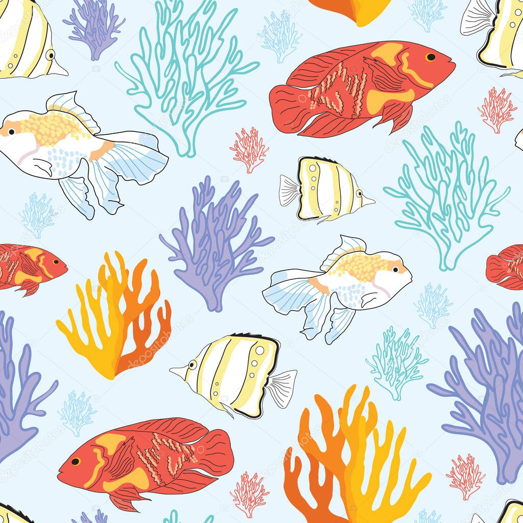 Colorful coral and fish underwater seamless pattern illustration