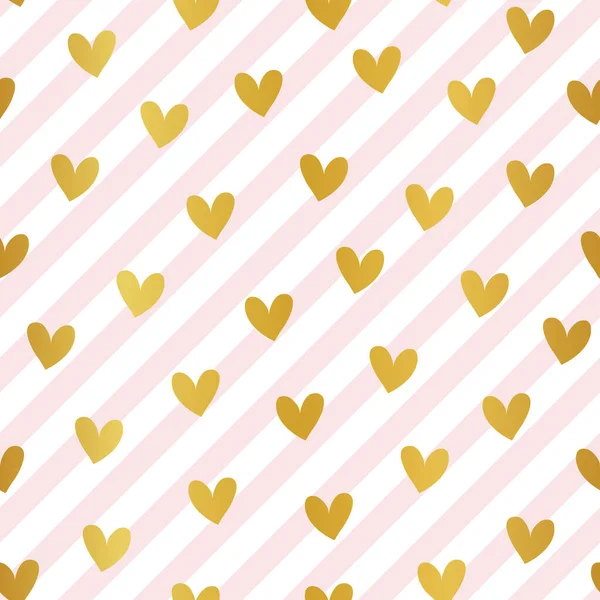 Goldene Herzen Nahtloses Muster Auf Rosa Diagonalen Streifen Hintergrund — Stockvektor