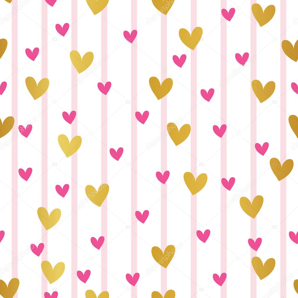 Seamless pink and golden hearts on horizontal stripes illustration