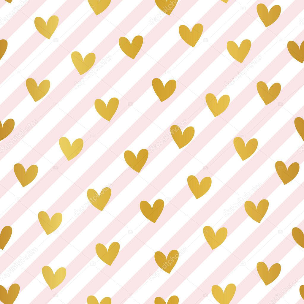 Golden hearts seamless pattern on pink diagonal stripes background