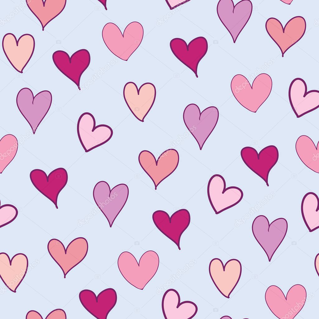 Pink hearts seamless pattern on pastel purple background illustration