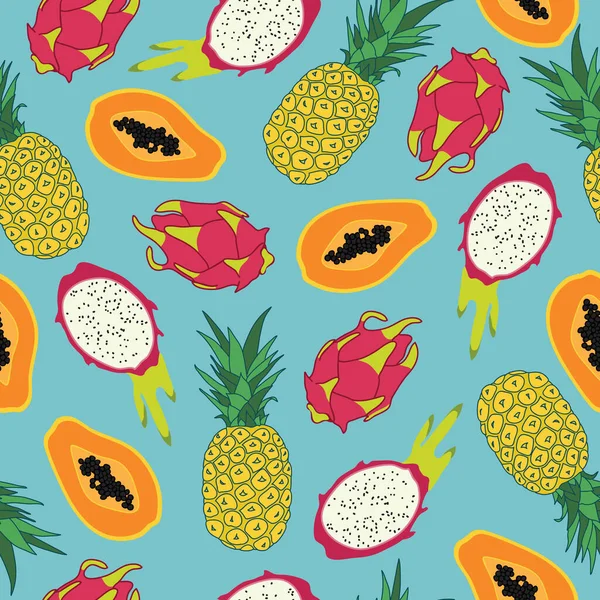 Tropische Früchte Nahtlose Muster Ananas Drachenfrüchte Und Papaya Illustration — Stockvektor