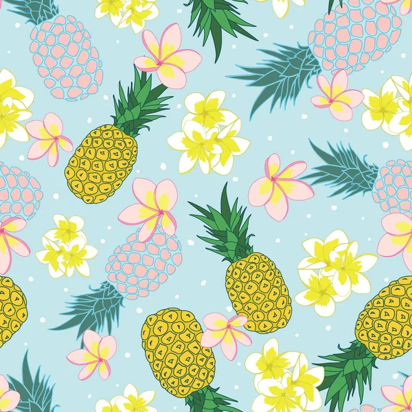 Ananas ve Plumeria çiçekleriyle kusursuz bir yaz deseni.