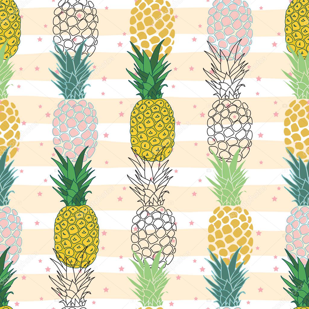 Seamless pattern with colorful pineapples on stripes and stars illustration
