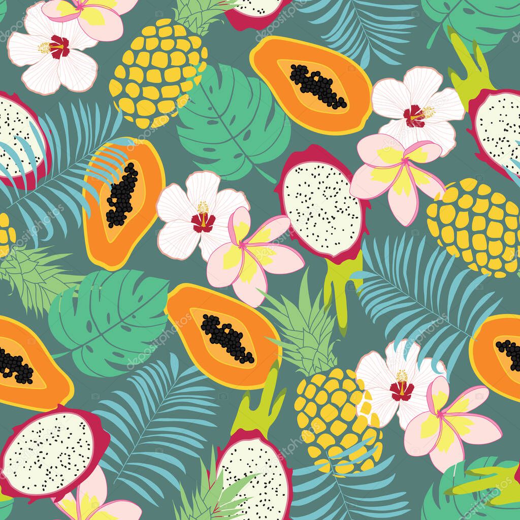 Seamless pattern tropical fruits, leaves, and flowers illustration